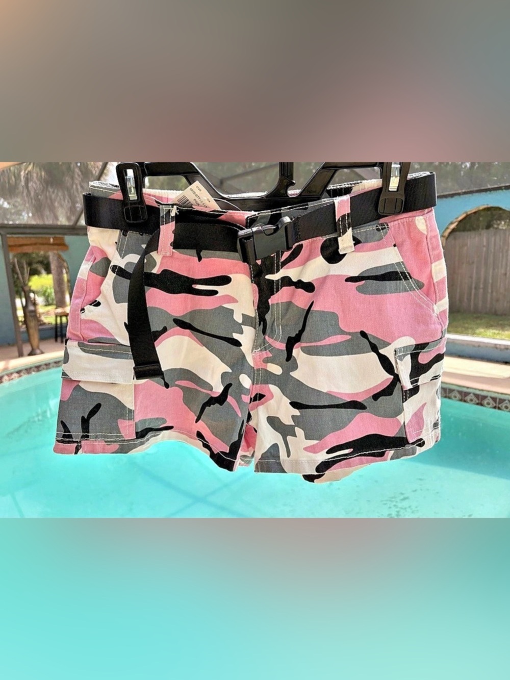 Almost Famous Belted Camouflage Cargo Shorts Pink & Black Medium